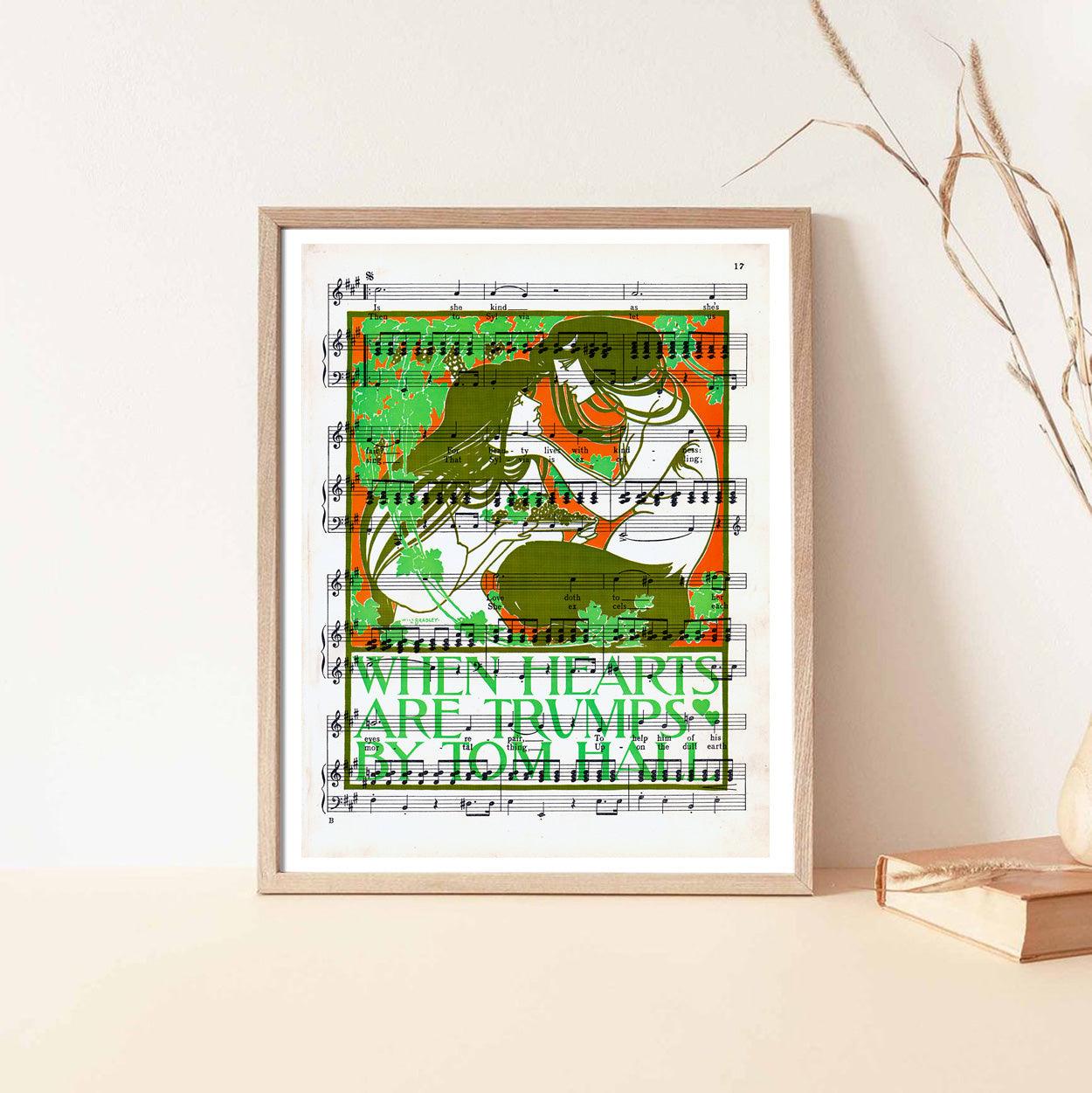 Give your home decor a touch of elegance through our exquisite When Hearts Are Trumps reproduction poster. The artwork is a collage with the illustration for a book of verse by Tom Hall (Chicago: Stone and Kimball, 1894) created by Will Bradley (American graphic designer, 1868-1962). Year of created 1894.