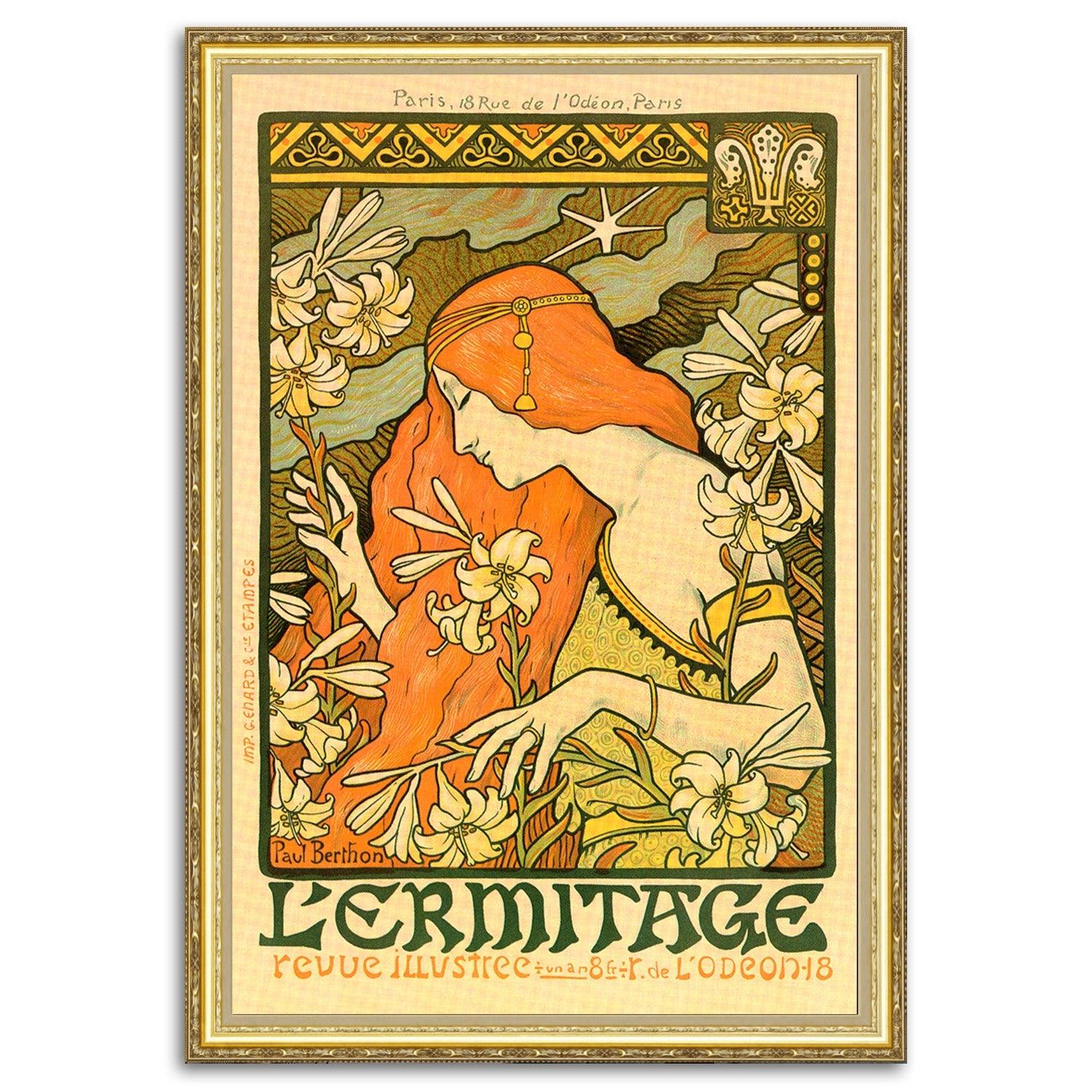 Give your home decor a touch of elegance through our exquisite L'Ermitage, revue illustree reproduction poster. The artwork is a collage with the advertising poster for a Parisian illustrated periodical design by Paul Berthon (French graphic designer, 1872-1909). Year of created 1897.