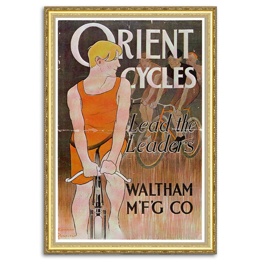 Elevate your home decor with a touch of timeless elegance, courtesy of our stunning "Orient Cycles" reproduction poster. This artwork is a captivating fusion, featuring an advertising poster for Waltham Mfg. Co. designed by Edward Penfield, a renowned American illustrator of the late 19th and early 20th centuries. Created in 1896, this poster captures the essence of that era's design aesthetics and showcases the craftsmanship that has stood the test of time.