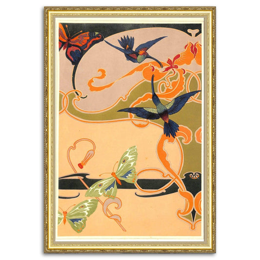 Give your home decor a touch of elegance through our exquisite "Hummingbirds, Butterflies, Art Nouveau" reproduction poster. Antique chromolithograph, Art Nouveau design sheet with hummingbirds and butterflies from Arnold Lyongrun's "Neue Ornamente - Vogel und Schmetterlinge" (New Ornamentation - Birds and Butterflies), published by Ernst Wasmuth, Germany, 1899.
