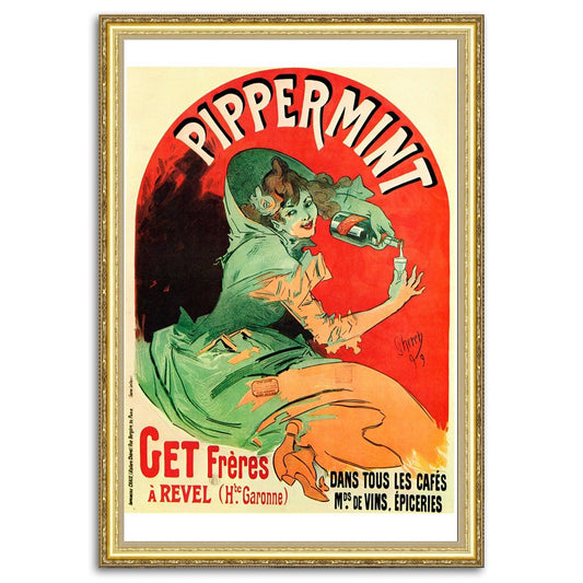 Give your home decor a touch of elegance through our exquisite "Pippermint" reproduction poster. The artwork is a collage with the advertisements posters design by Jules Chéret (French graphic designer, 1836-1932). Year of created 1899.