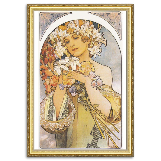 Give your home decor a touch of elegance through our exquisite "La Fleur" reproduction poster. The artwork is a collage with a poster design by Alphonse Mucha (Czech graphic designer, 1860-1939). Year of created 1897.