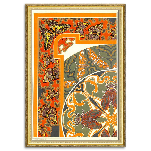 Give your home decor a touch of elegance through our exquisite "Cicadas Butterflies" reproduction poster. Antique Art Nouveau design sheet with butterflies, moths, and cicadas from Arnold Lyongrun's "Neue Ornamente - Vogel und Schmetterlinge" (New Ornamentation - Birds and Butterflies), published by Ernst Wasmuth, Germany, 1899.