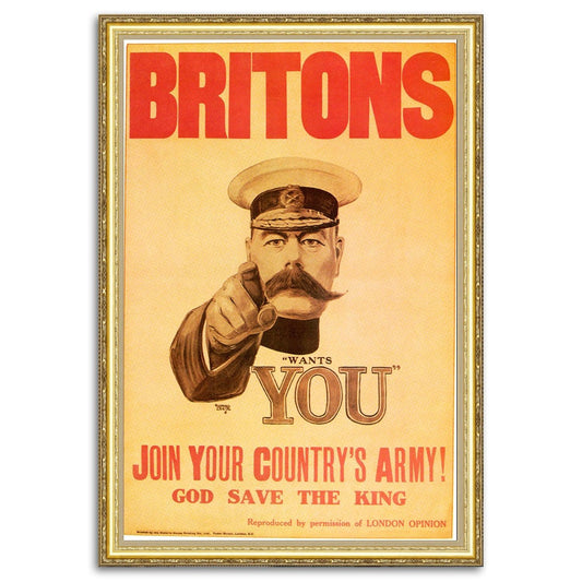 Give your home decor a touch of elegance through our exquisite "Britons: Join Your Country's Army!" reproduction poster. The artwork is a collage with the advertising poster World War I, 1914-1918 designed by Alfred Leete (British graphic designer, 1882-1933). Year of the creation about 1914.