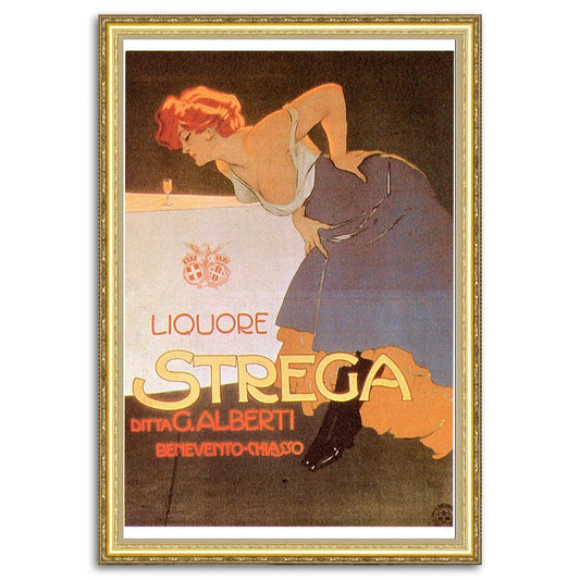 Give your home decor a touch of elegance through our exquisite "Liquore Strega" reproduction poster. The artwork is a collage with the advertising poster design by Marcello Dudovich (Italian graphic designer, 1878-1962). Year of the creation was about 1905.