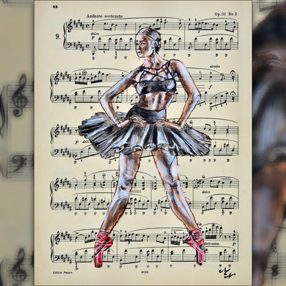 Framed Ballerina XXXIV - Original Painting on Vintage Sheet Music Page - ArtCursor