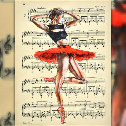 Framed Ballerina XLVII - Original Painting on Vintage Sheet Music Page - ArtCursor