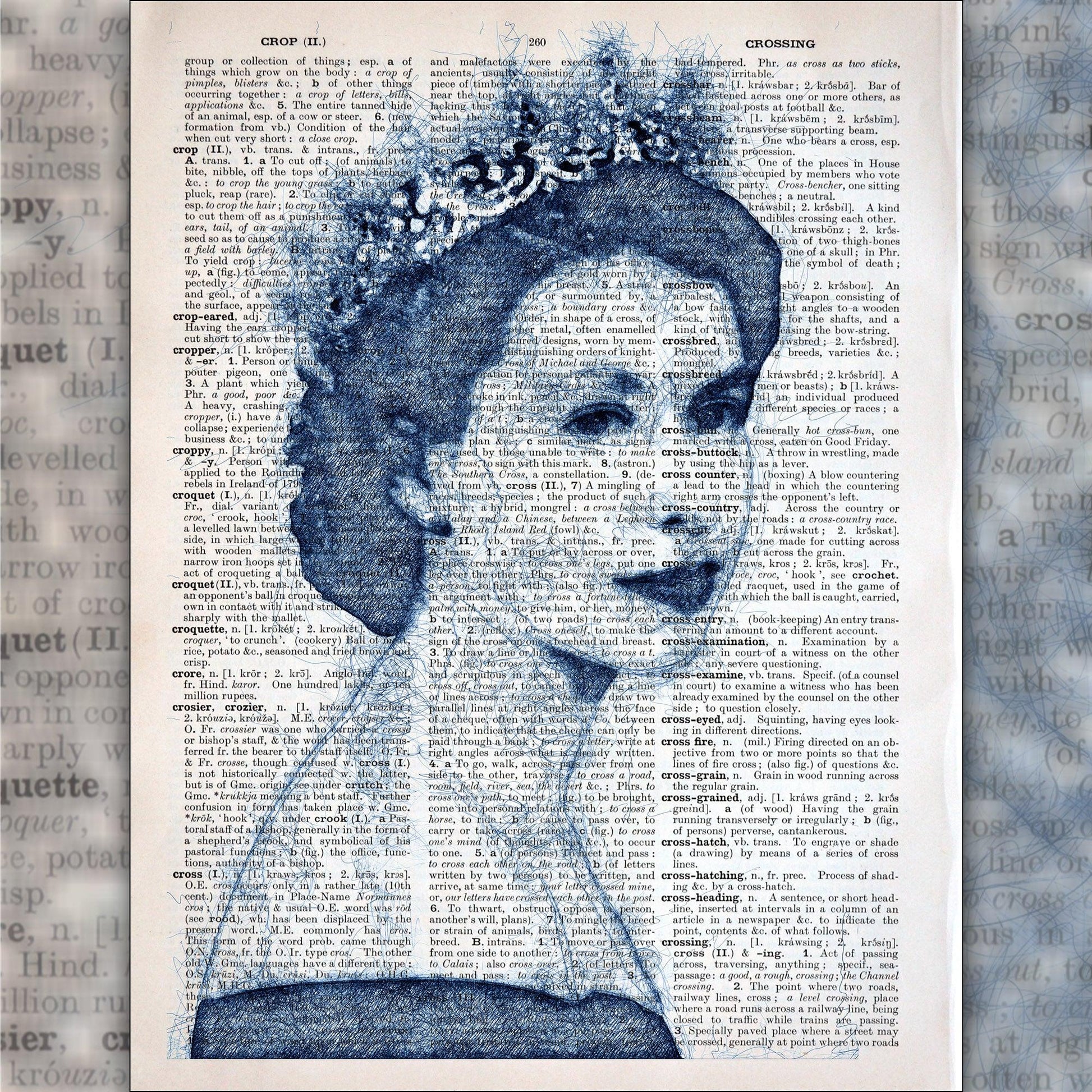 Queen Elizabeth II Blue Pen 2 Art Poster on Vintage Dictionary Page - ArtCursor