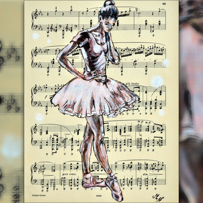 Framed Ballerina XXV - Original Painting on Vintage Sheet Music Page - ArtCursor