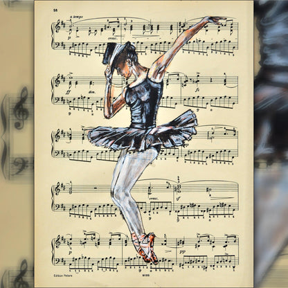 Framed Ballerina XLVI - Original Painting on Vintage Sheet Music Page - ArtCursor