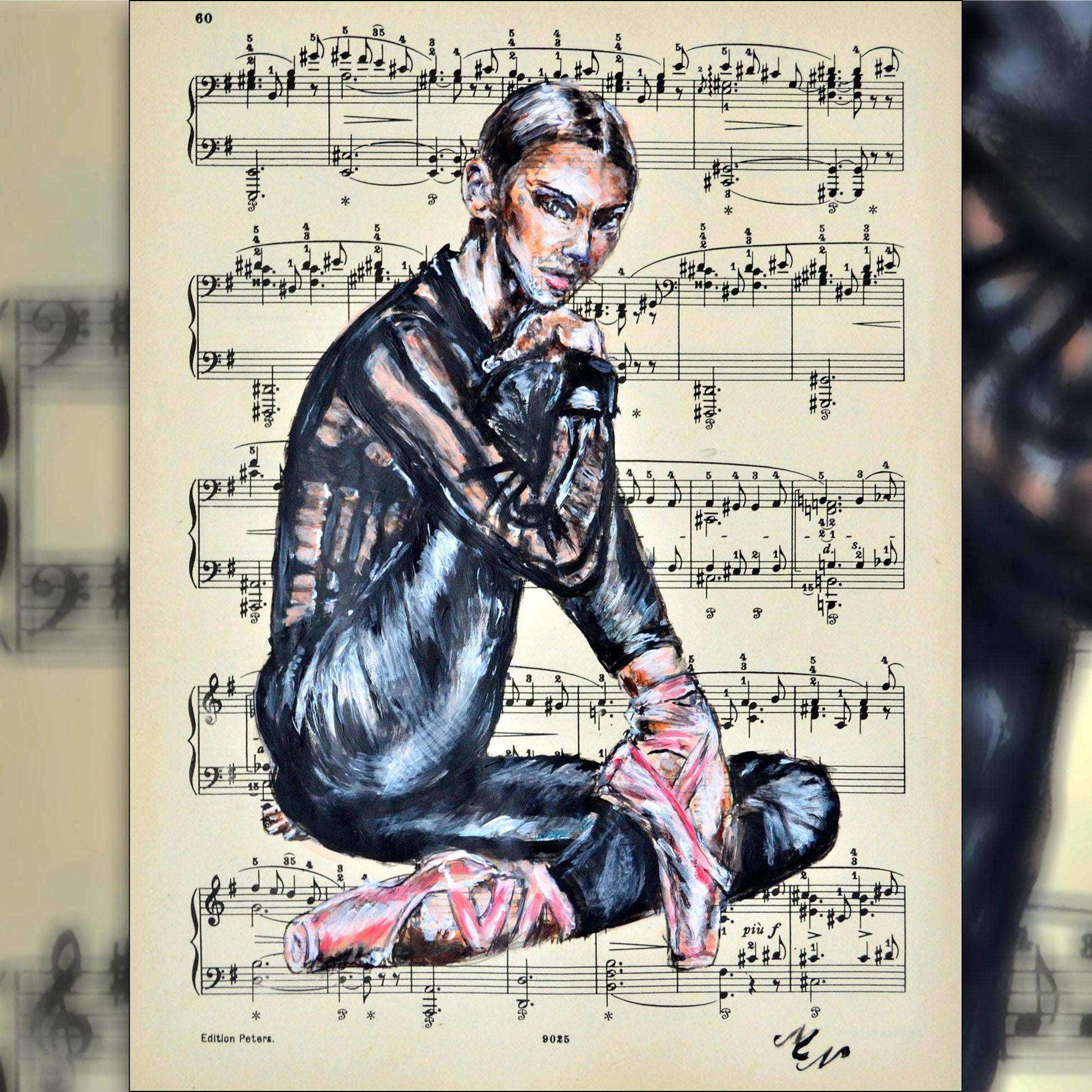 Framed Ballerina XXX - Original Painting on Vintage Sheet Music Page - ArtCursor