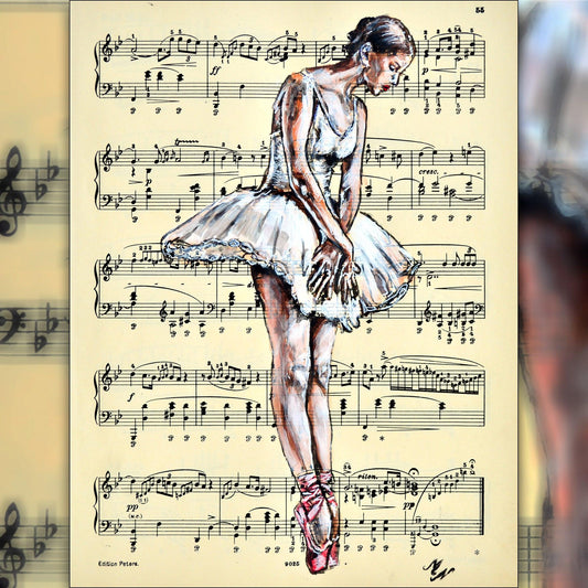 Framed Ballerina XXIX - Original Painting on Vintage Sheet Music Page - ArtCursor