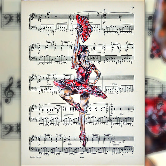 Framed Ballerina XXXIX - Original Painting on Vintage Sheet Music Page - ArtCursor