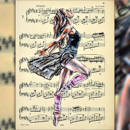 Framed Ballerina XLV - Original Painting on Vintage Sheet Music Page - ArtCursor