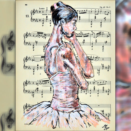 Framed Ballerina XXIV - Original Painting on Vintage Sheet Music Page - ArtCursor