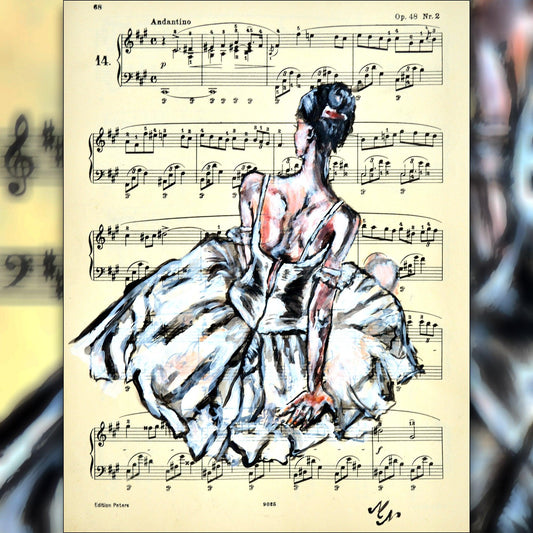 Framed Ballerina XVI - Original Painting on Vintage Sheet Music Page - ArtCursor