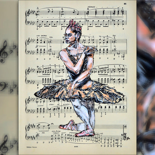 Framed Ballerina XXXV - Original Painting on Vintage Sheet Music Page - ArtCursor