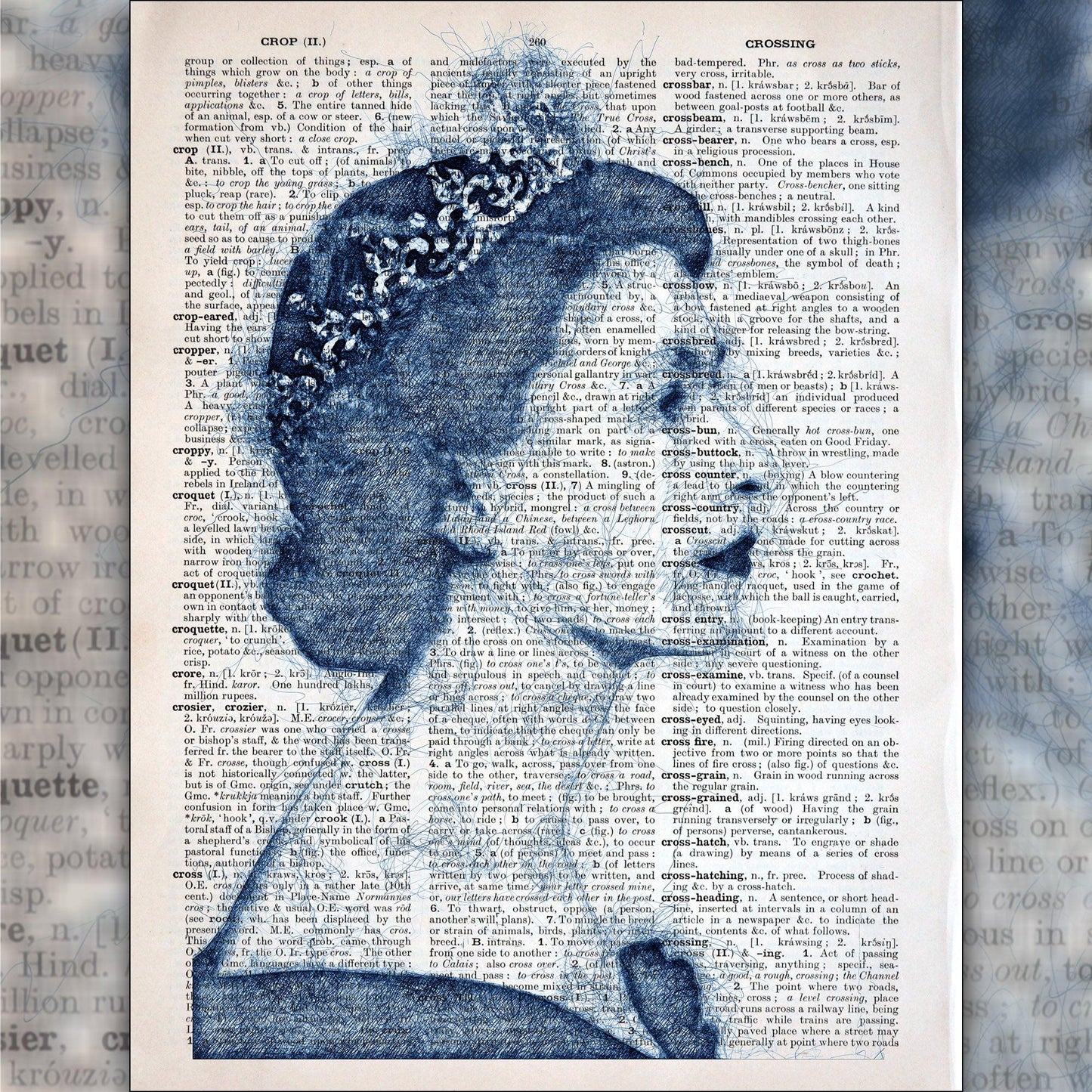 Queen Elizabeth II Blue Pen 1 Art Poster on Vintage Dictionary Page - ArtCursor