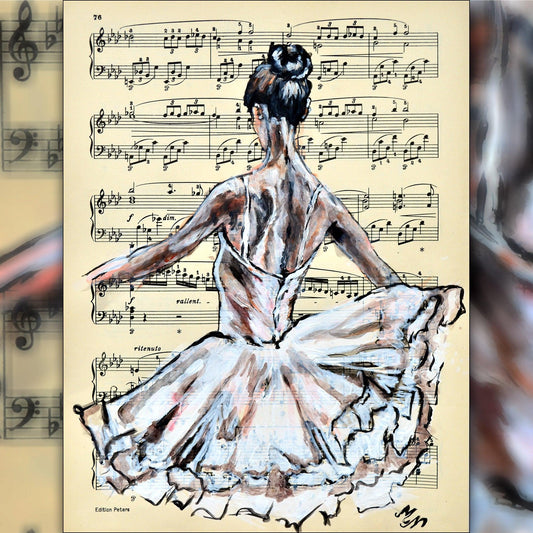 Framed Ballerina XVII - Original Painting on Vintage Sheet Music Page - ArtCursor