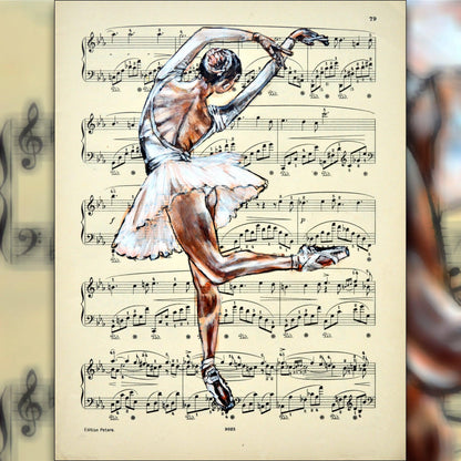 Framed Ballerina XLIX - Original Painting on Vintage Sheet Music Page - ArtCursor