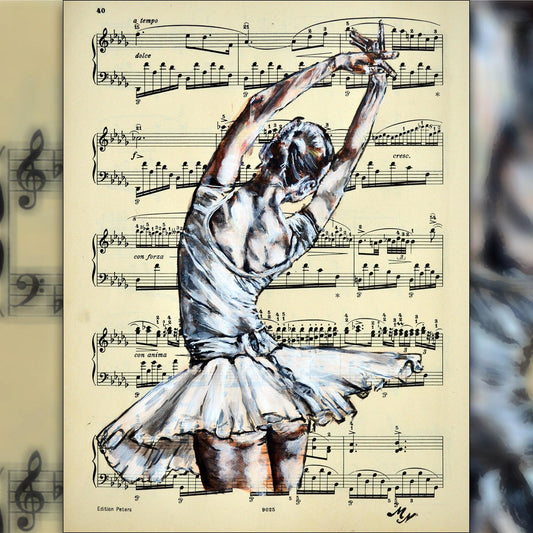 Framed Ballerina XXXVI - Original Painting on Vintage Sheet Music Page - ArtCursor