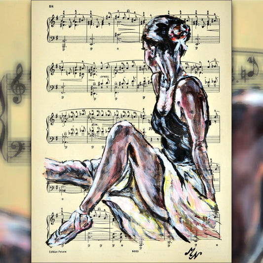 Framed Ballerina XXIII - Original Painting on Vintage Sheet Music Page - ArtCursor