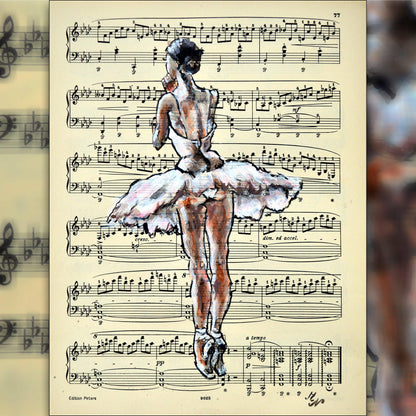 Framed Ballerina I - Original Painting on Vintage Sheet Music Page - ArtCursor