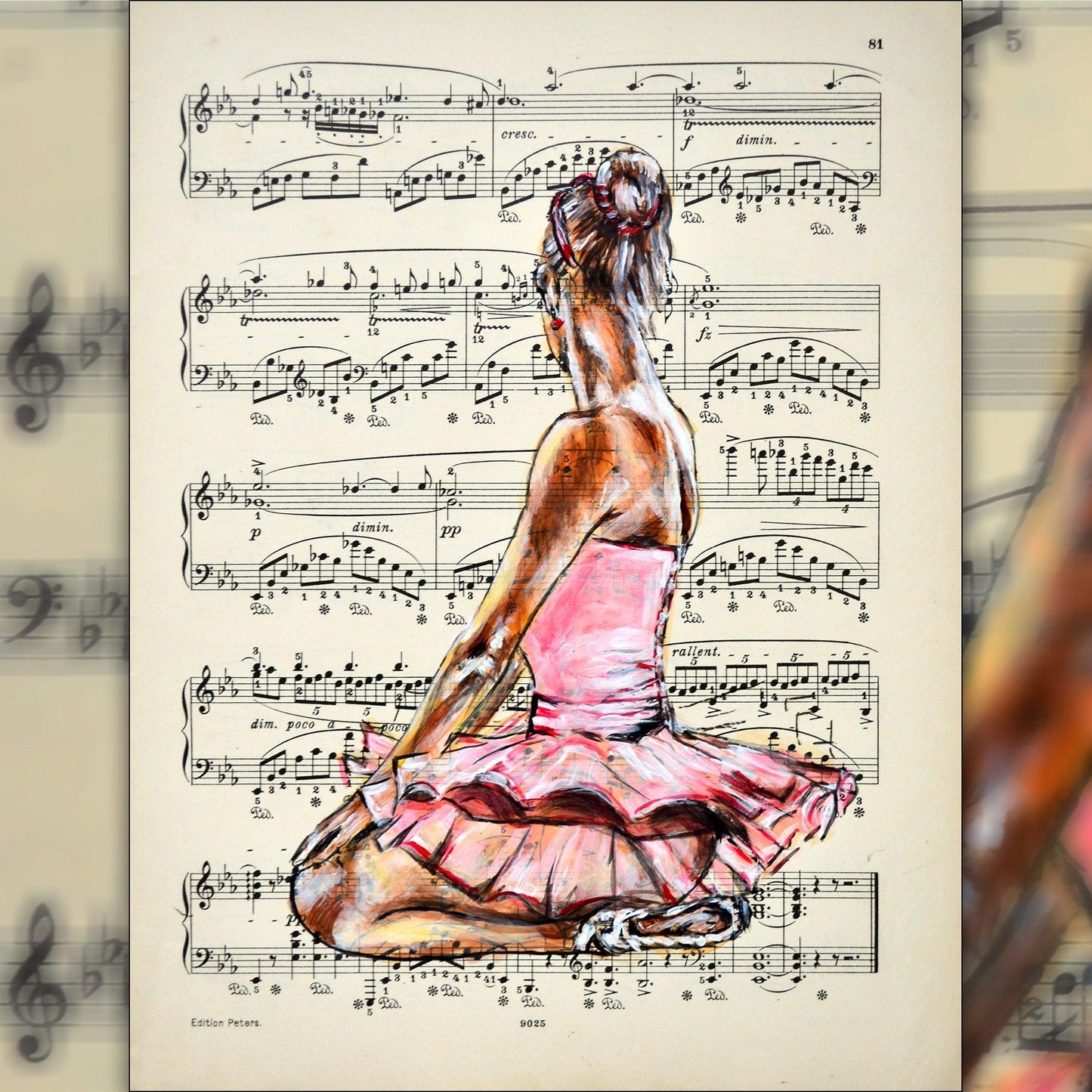 Framed Ballerina L - Original Painting on Vintage Sheet Music Page - ArtCursor