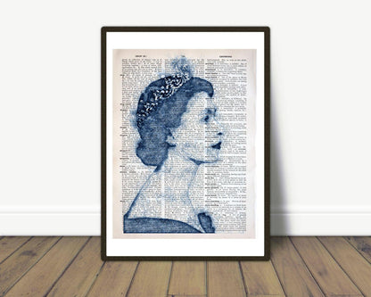 Queen Elizabeth II Blue Pen 1 Art Poster on Vintage Dictionary Page - ArtCursor