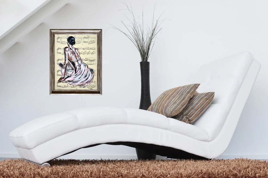 Framed Ballerina III - Original Painting on Vintage Sheet Music Page - ArtCursor
