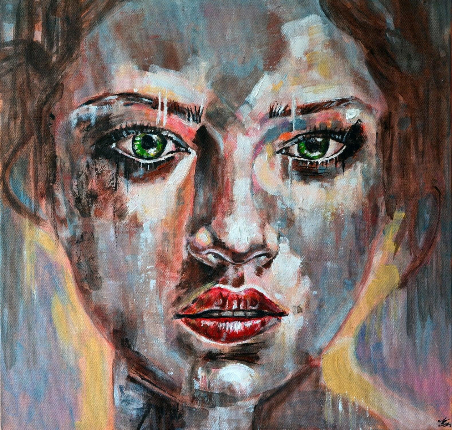 One-of-a-kind acrylic painting, 'Shining,' featuring a modern abstract woman portrait by Misty Lady.