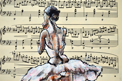 Framed Ballerina I - Original Painting on Vintage Sheet Music Page - ArtCursor
