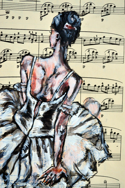 Framed Ballerina XVI - Original Painting on Vintage Sheet Music Page - ArtCursor