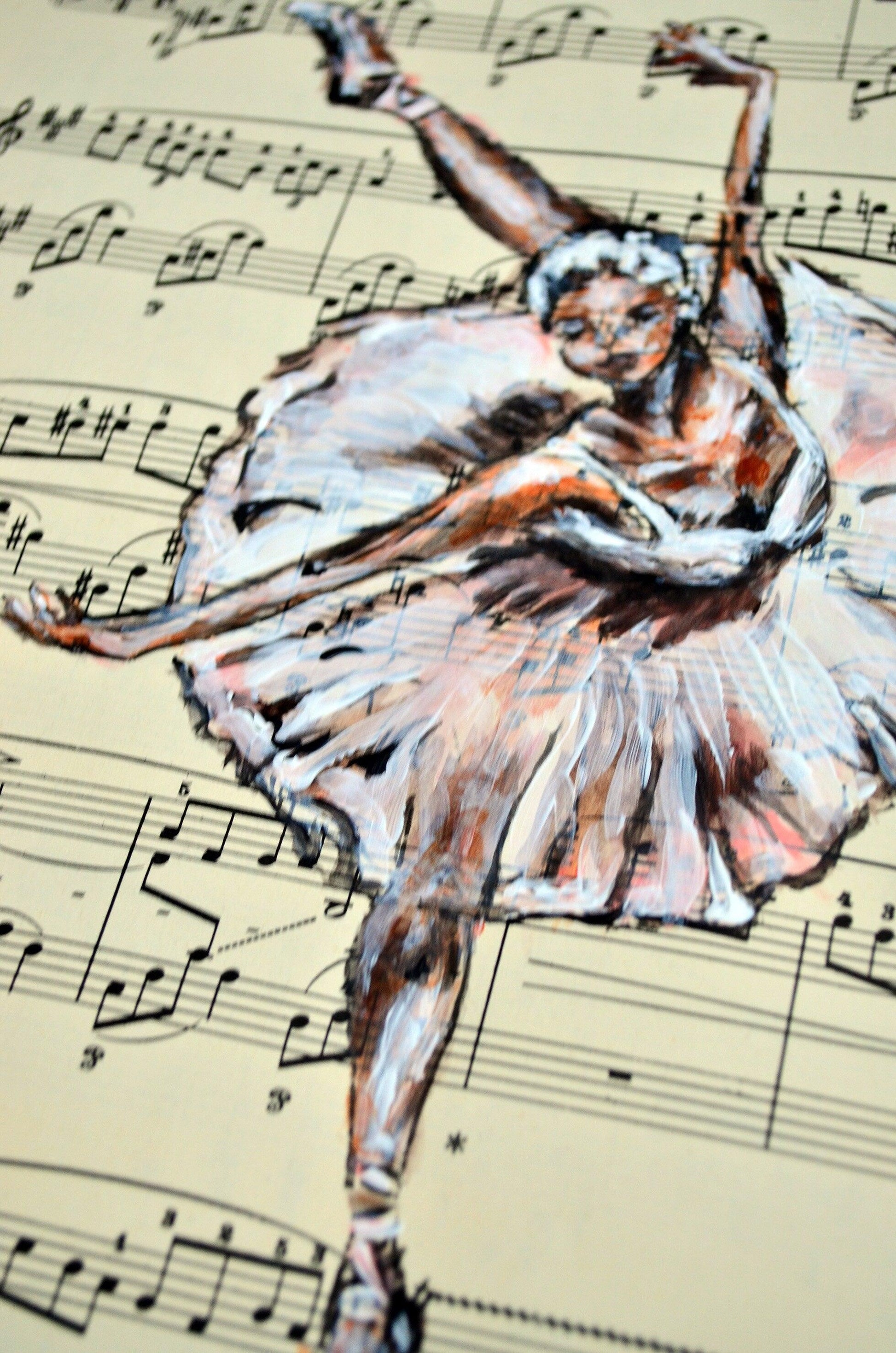 Framed Ballerina XVIII - Original Painting on Vintage Sheet Music Page - ArtCursor