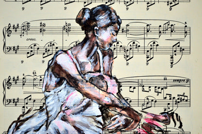 Framed Ballerina XIX - Original Painting on Vintage Sheet Music Page - ArtCursor