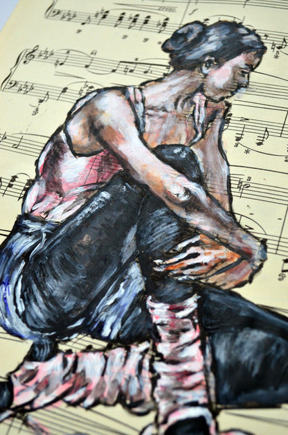 Framed Ballerina XXI - Original Painting on Vintage Sheet Music Page - ArtCursor