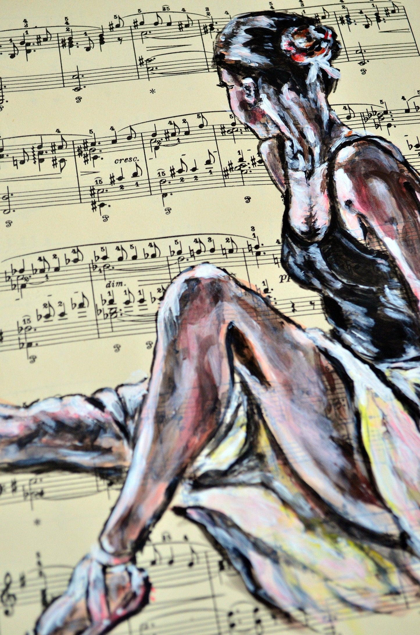 Framed Ballerina XXIII - Original Painting on Vintage Sheet Music Page - ArtCursor