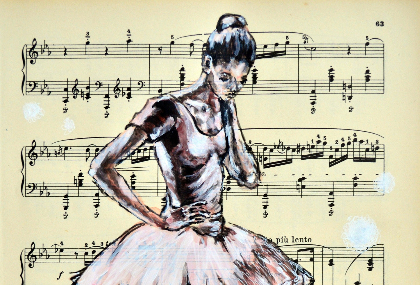 Framed Ballerina XXV - Original Painting on Vintage Sheet Music Page - ArtCursor