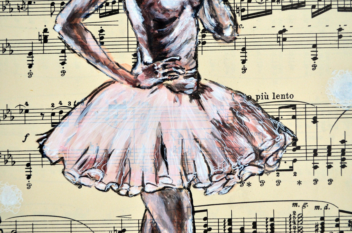 Framed Ballerina XXV - Original Painting on Vintage Sheet Music Page - ArtCursor