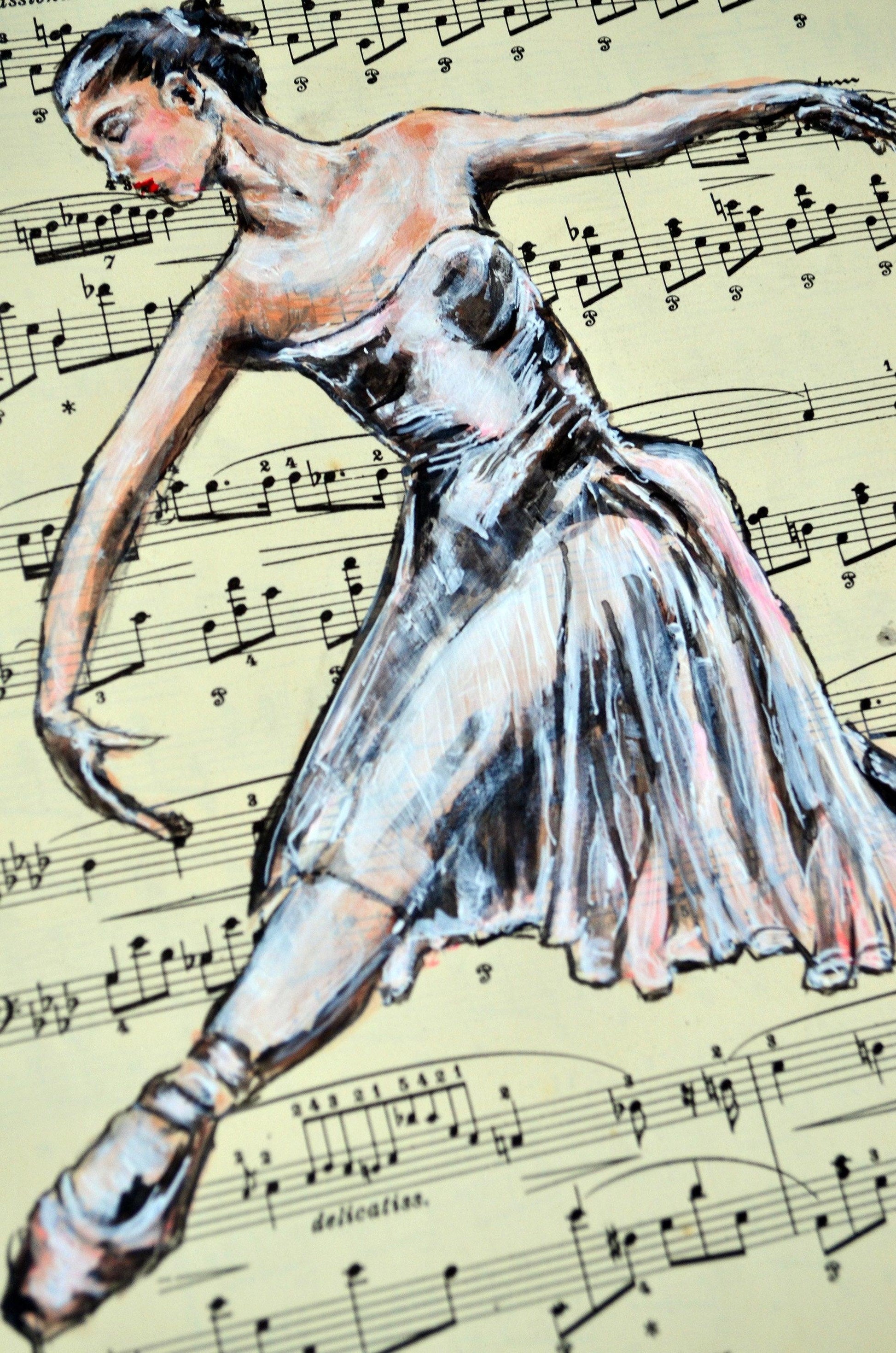 Framed Ballerina XXVII - Original Painting on Vintage Sheet Music Page - ArtCursor
