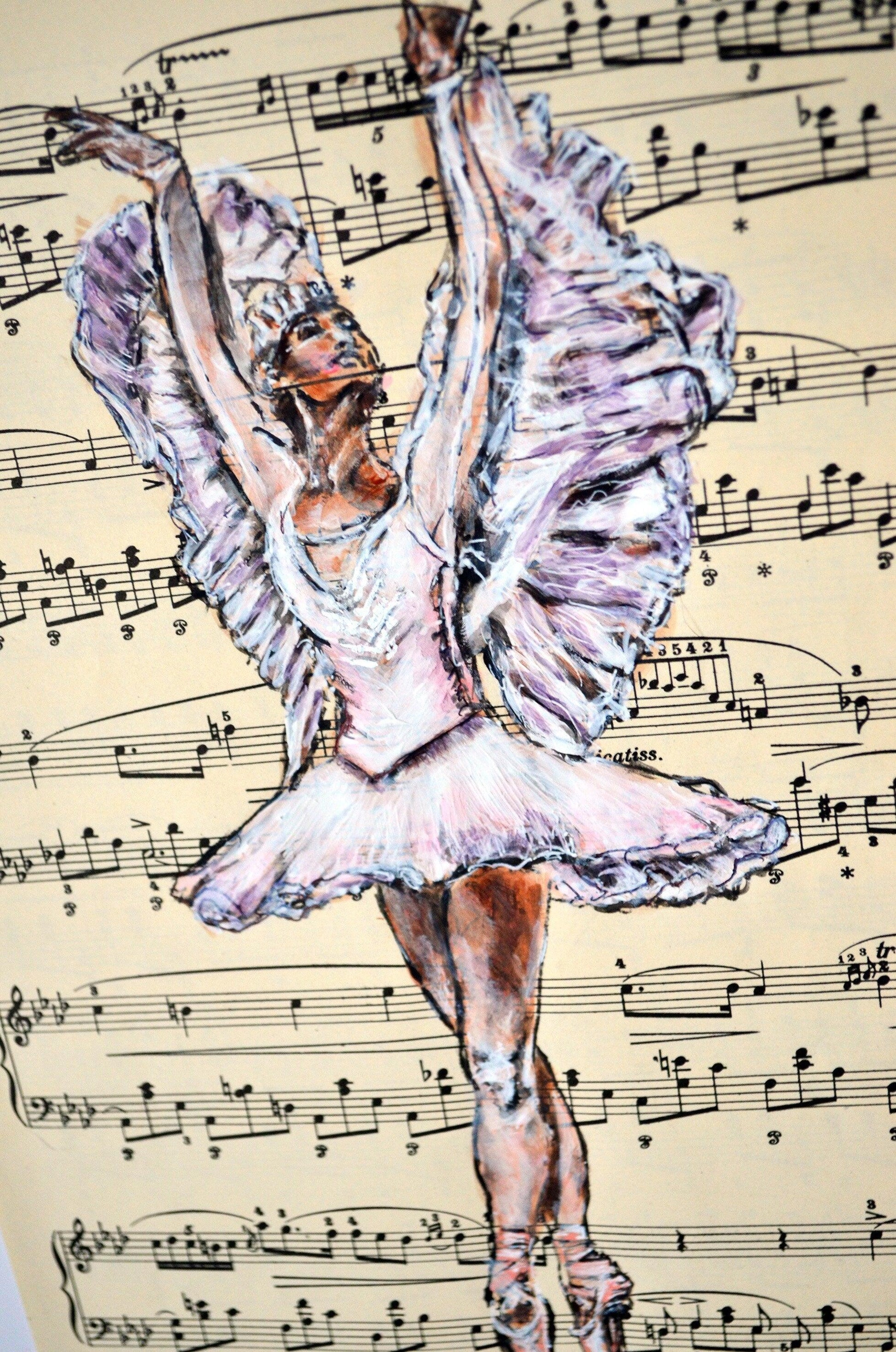 Framed Ballerina XXXI - Original Painting on Vintage Sheet Music Page - ArtCursor