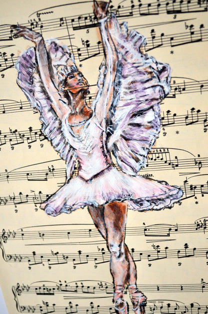 Framed Ballerina XXXI - Original Painting on Vintage Sheet Music Page - ArtCursor