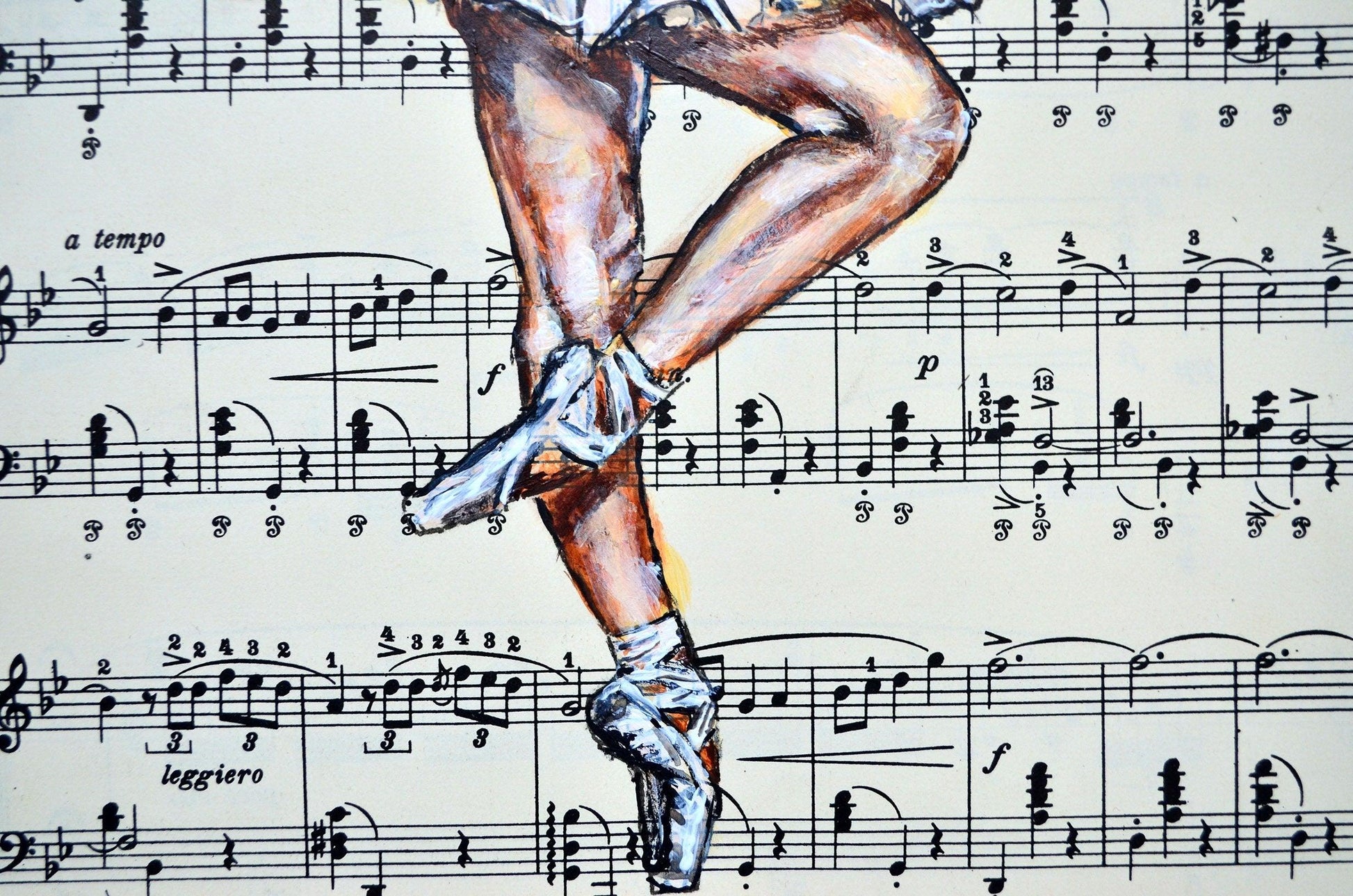 Framed Ballerina XLI - Original Painting on Vintage Sheet Music Page - ArtCursor
