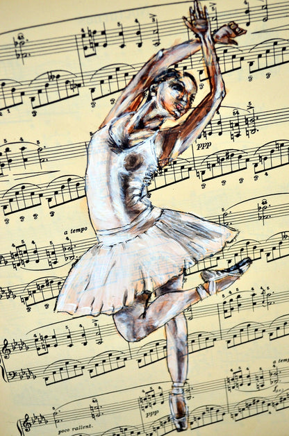 Framed Ballerina XLIII - Original Painting on Vintage Sheet Music Page - ArtCursor