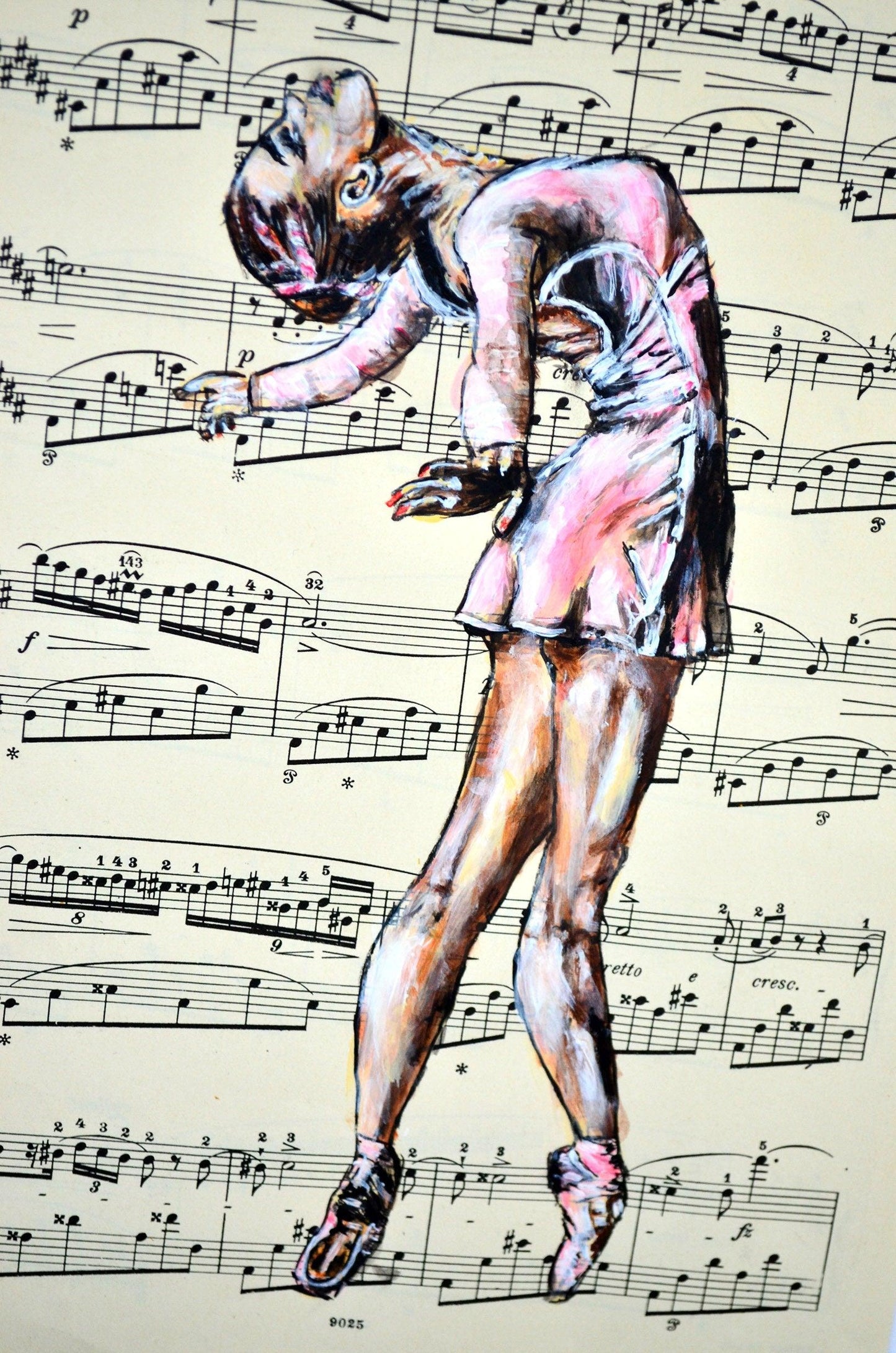 Framed Ballerina XLIV - Original Painting on Vintage Sheet Music Page - ArtCursor