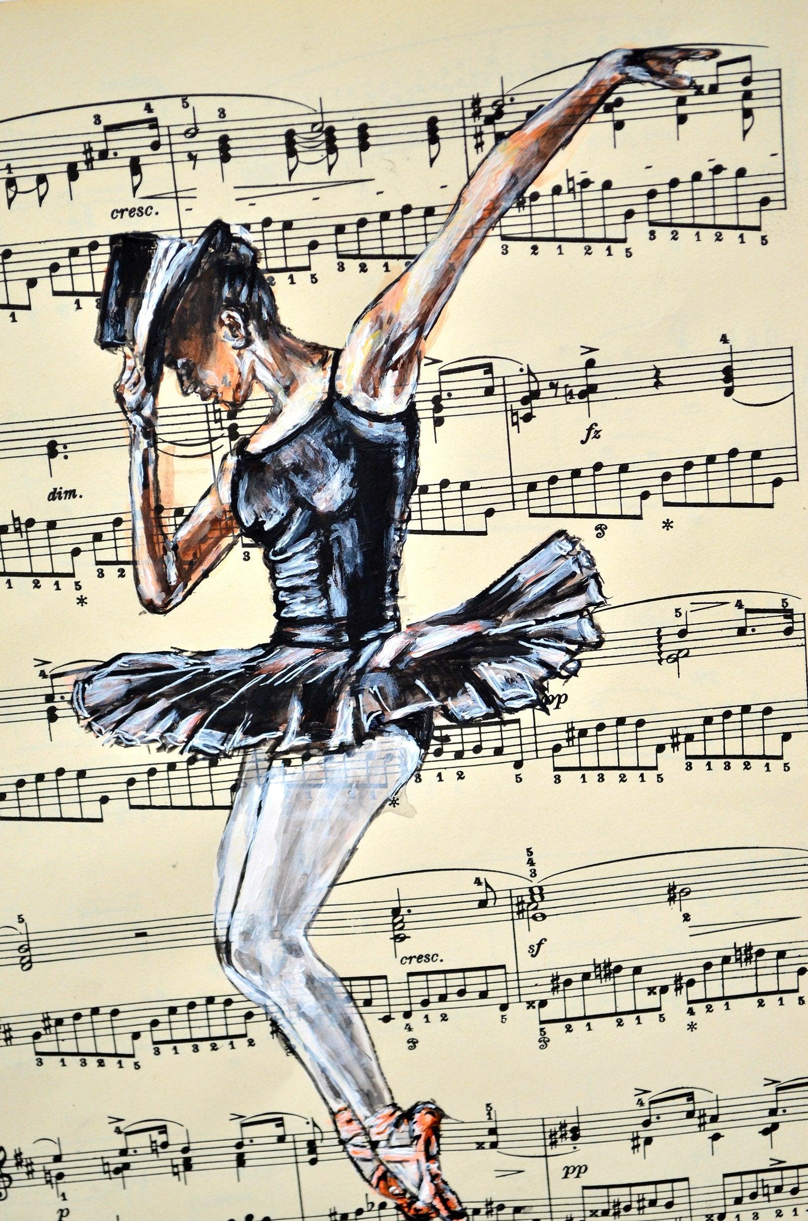 Framed Ballerina XLVI - Original Painting on Vintage Sheet Music Page - ArtCursor