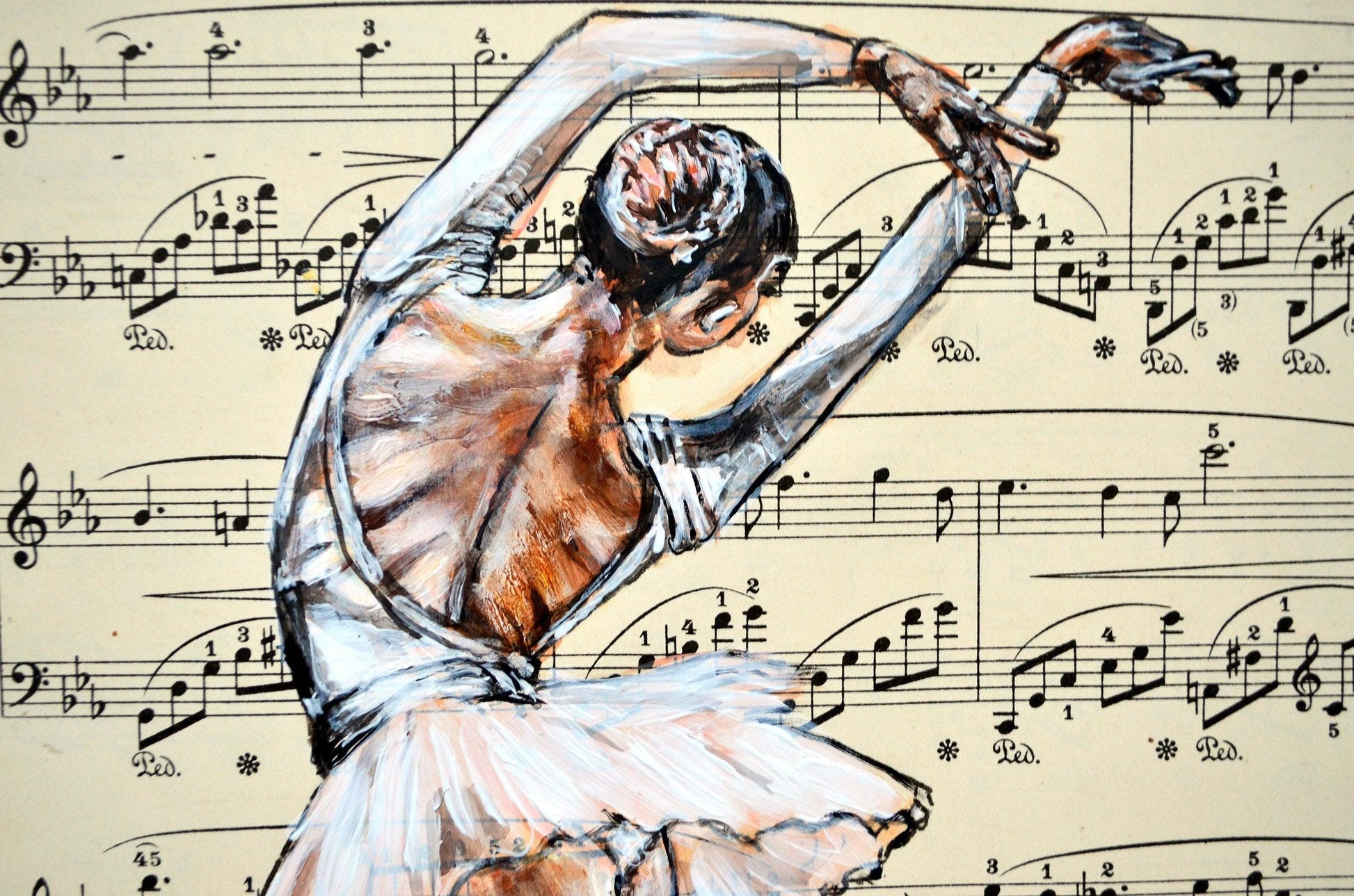 Framed Ballerina XLIX - Original Painting on Vintage Sheet Music Page - ArtCursor