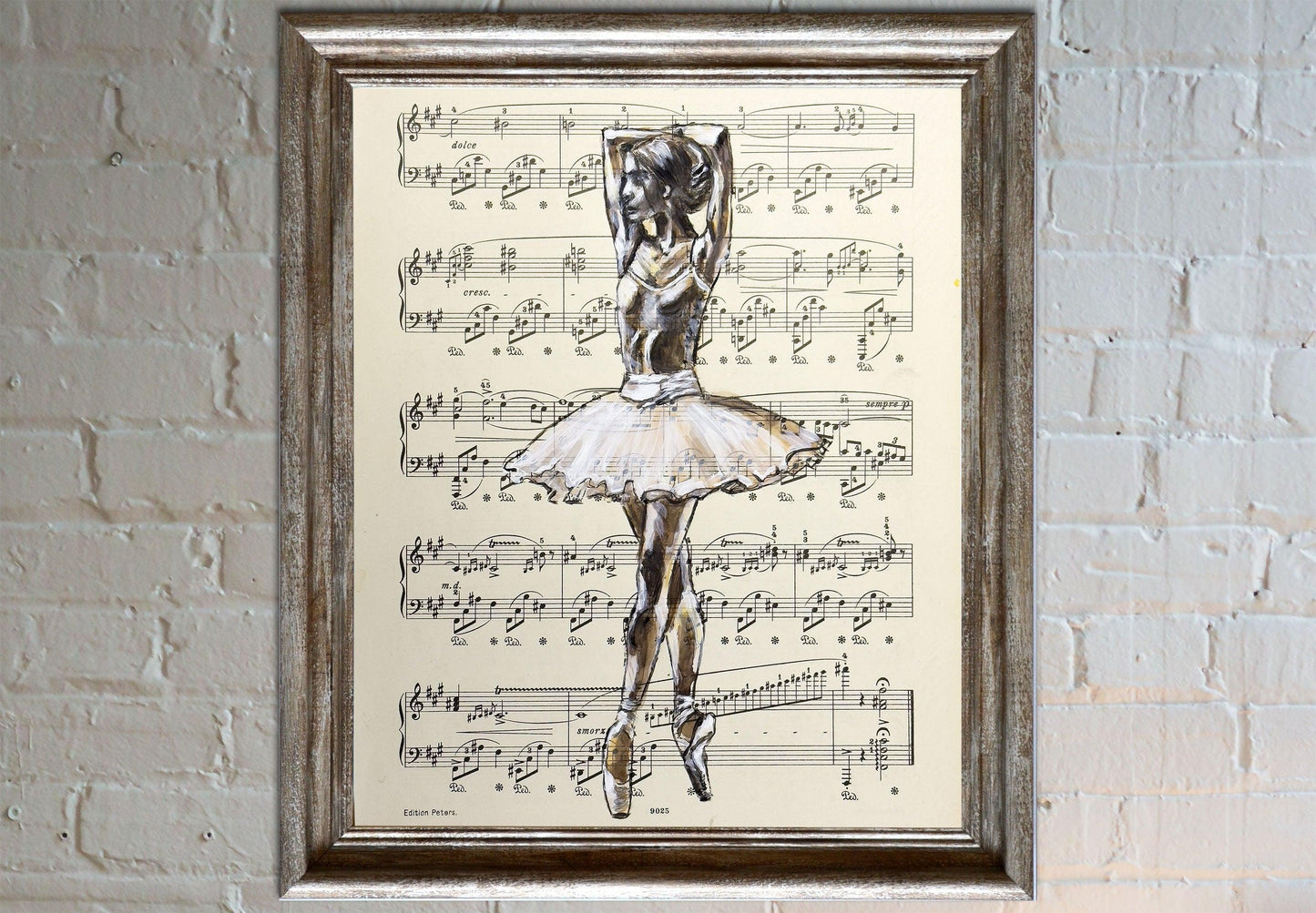 Framed Ballerina LIV - Original Painting on Vintage Sheet Music Page - ArtCursor