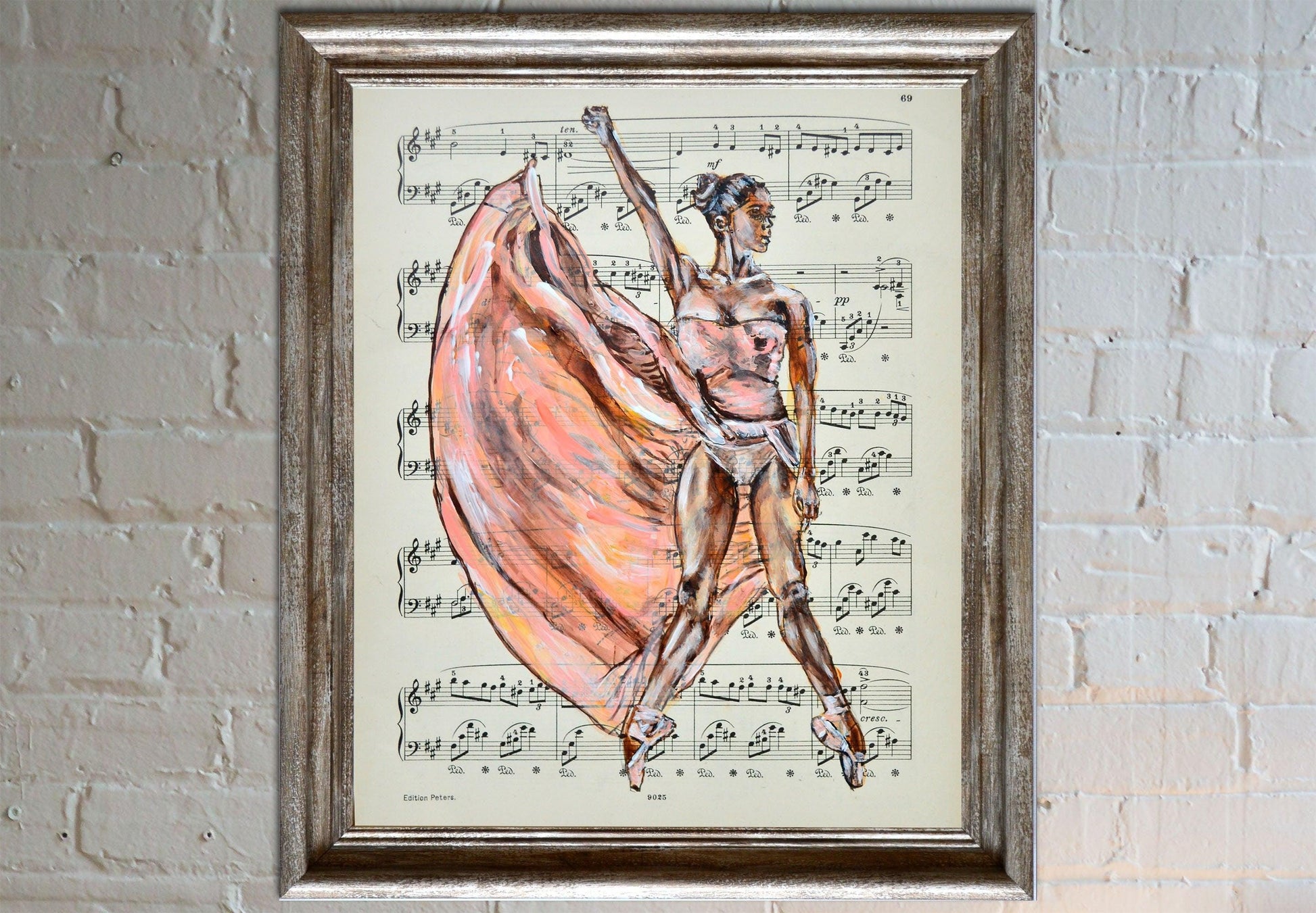 Framed Ballerina LI - Original Painting on Vintage Sheet Music Page - ArtCursor