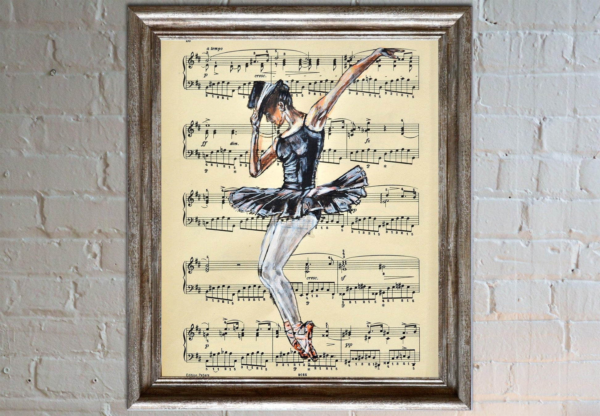 Framed Ballerina XLVI - Original Painting on Vintage Sheet Music Page - ArtCursor